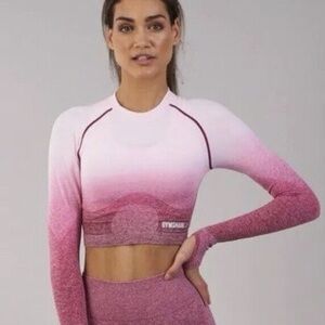 Gymshark Ombré Seamless Long Sleeve Crop Top - Pink/Red - Size Small